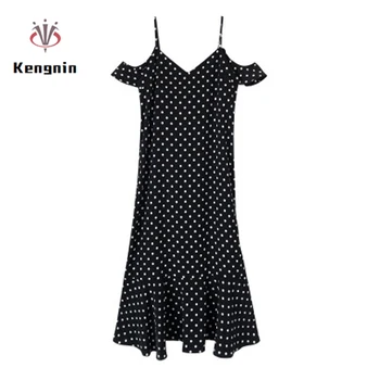 

Plus Size 2020 Summer New Dot Print Women Dress Off The Shoulder Chiffon Ladies Trumpet Vestidos Sexy Hollow Out Spaghetti Strap