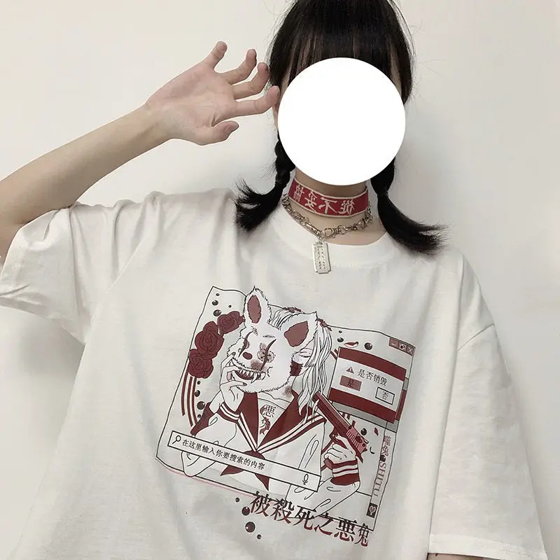 women Summer tee tops Goth Kawaii рубашка женская shirt clothes clothing top E-Girl Harajuku style cartoon cute print T-shirt