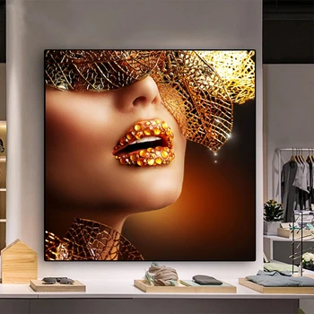 

Nordic Golden Woman Canvas Painting Sexy Lips Posters and Prints Scandinavian Wall Pictures for Living Room Decor