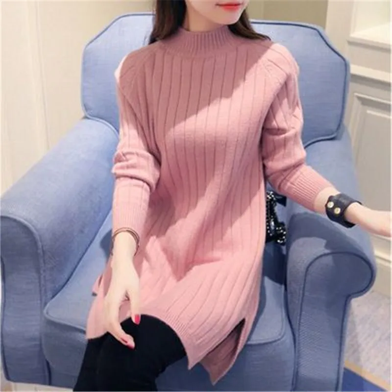 Pink Зима, длинные толстые свитера для женщин, новинка, плюс размер, 3XL, водолазка, свитер, однотонный, вязанный, пуловеры для девушек, Женский Повседневный свитер - Цвет: Pink