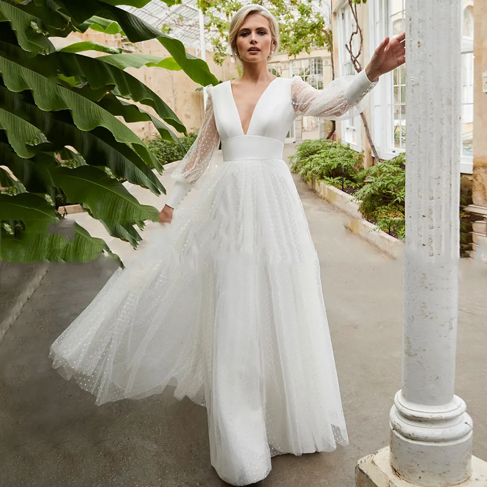 

Elegant Floor Length Long Sleeve Wedding Dress 2021 A-Line Deep V-Neck Tulle Button Back Sweep Train Bridal Gowns Custom Made