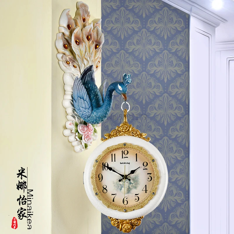 European Wall Clock Double-sided Watch Clock Living Room Clocks Creative Personality Peacock Decoration Artist with Silent Clock - Цвет: Оранжевый