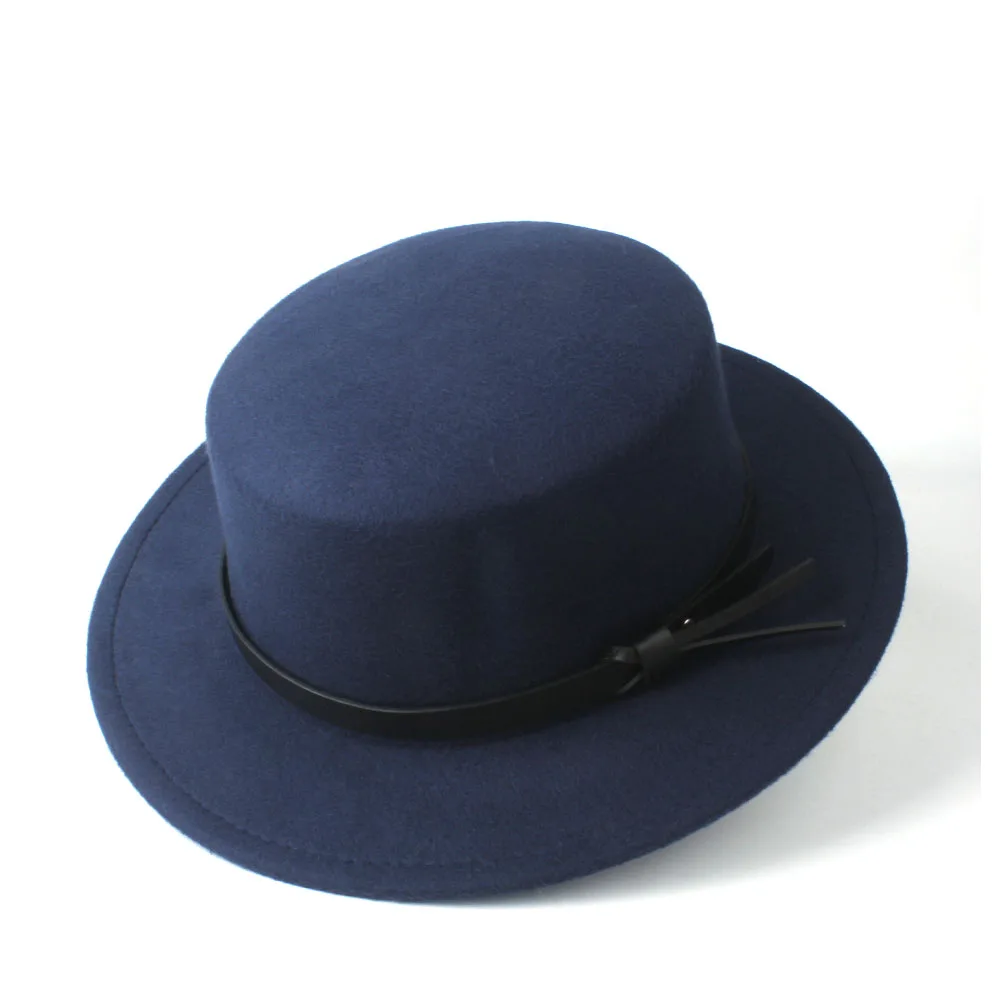 Женская и Мужская шерстяная шляпа с плоским верхом, уличная, homberg, для путешествий, повседневная, для диких лодочников, шляпа с широкими полями, размер 56-58 см - Цвет: Dark Blue
