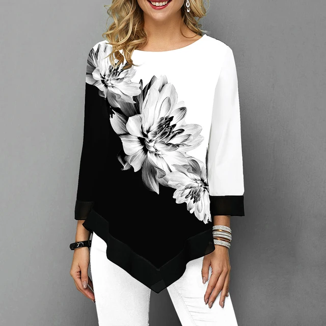 US $8.98 Floral Printed Women Shirt Asymmetric Hem Autumn Blouse Shirt For Woman Flower Print Tops O Neck Bl