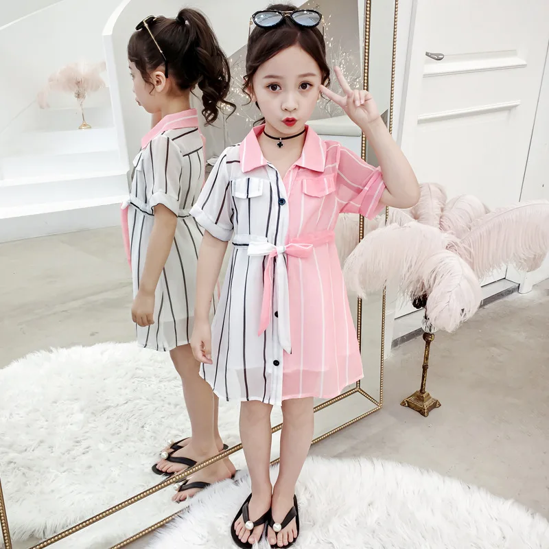 

Girls' Short-sleeve Shirt 2019 Summer New Style Childrenswear Children Chiffon Stripes CHILDREN'S Shirt Mid-length