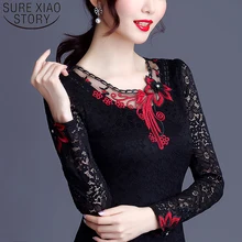 Blusas mujer de moad, осенняя блузка, женские топы, черные топы с длинным рукавом, кружевные женские топы с цветочной вышивкой, одежда размера плюс 6906 50