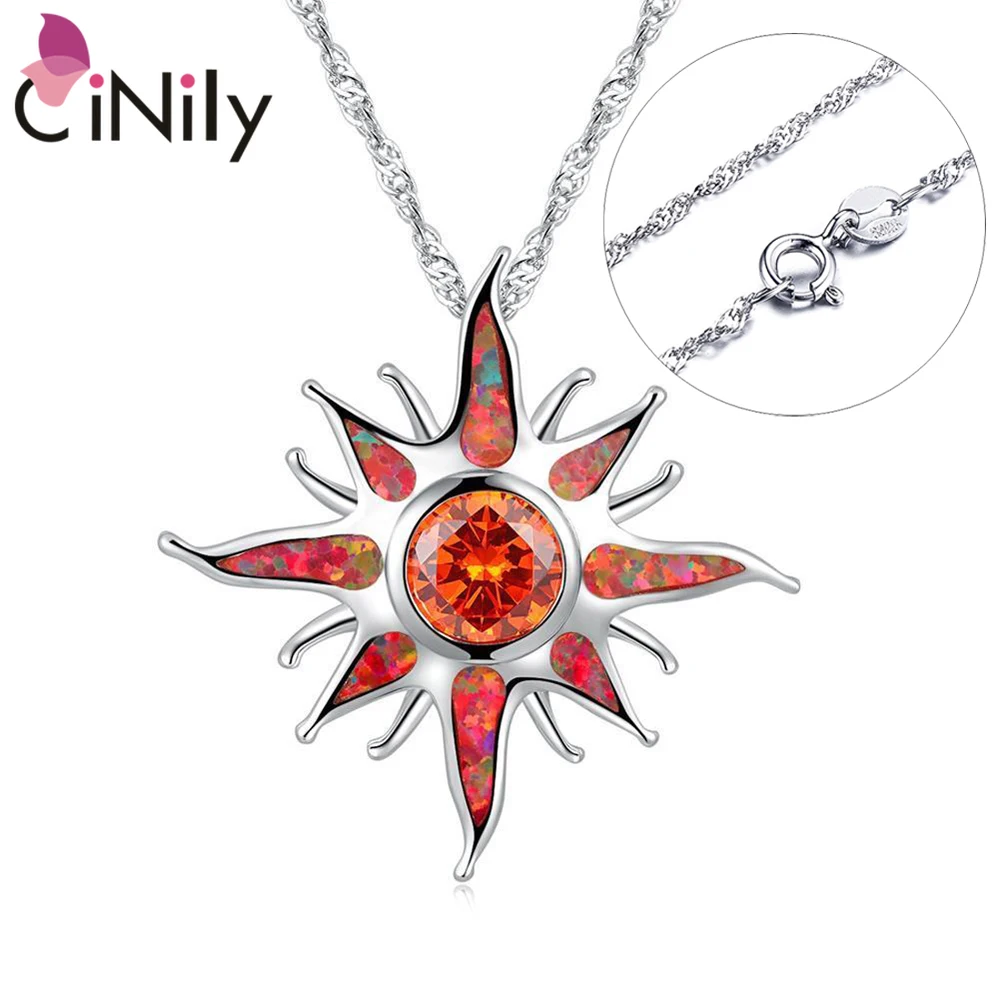 CiNily Starburst Fire Opal Stone Large Dangle Pendant Silver Plated Solar Orange Garnet Sun Charm Luxury Jewelry (With Necklace)