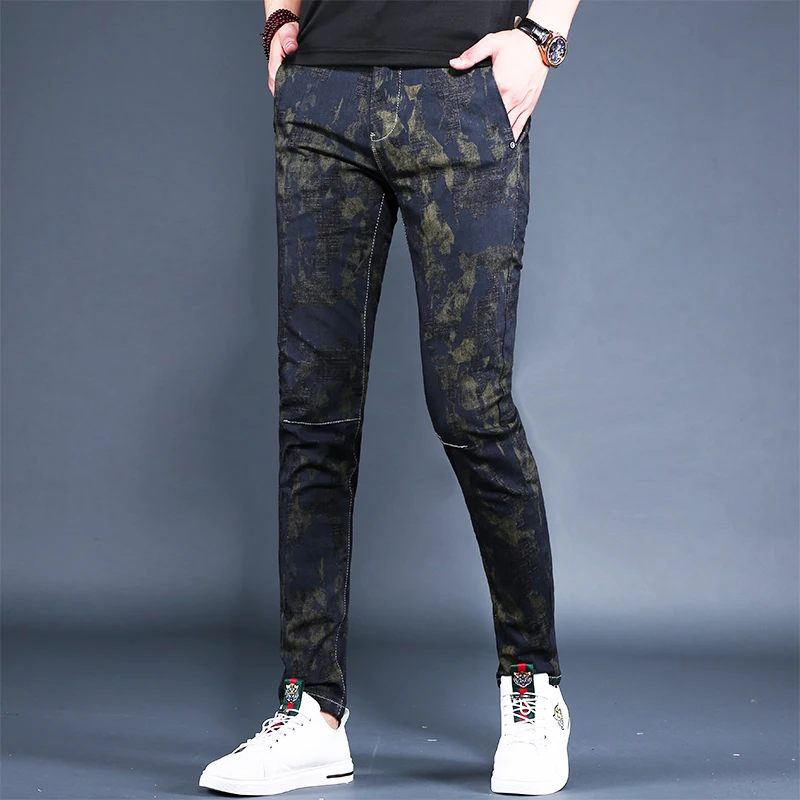 Korean Style Men Stretch Camouflage Jeans 2020 Summer Drawstring Jean Fashion Slim Fit Pencil Pants Streetwear Denim Trousers