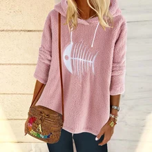 Толстовки с вышивкой в виде рыбьей кости, милый плюшевый женский свитер с длинным рукавом, пуловер на осень и зиму, размера плюс, толстовки