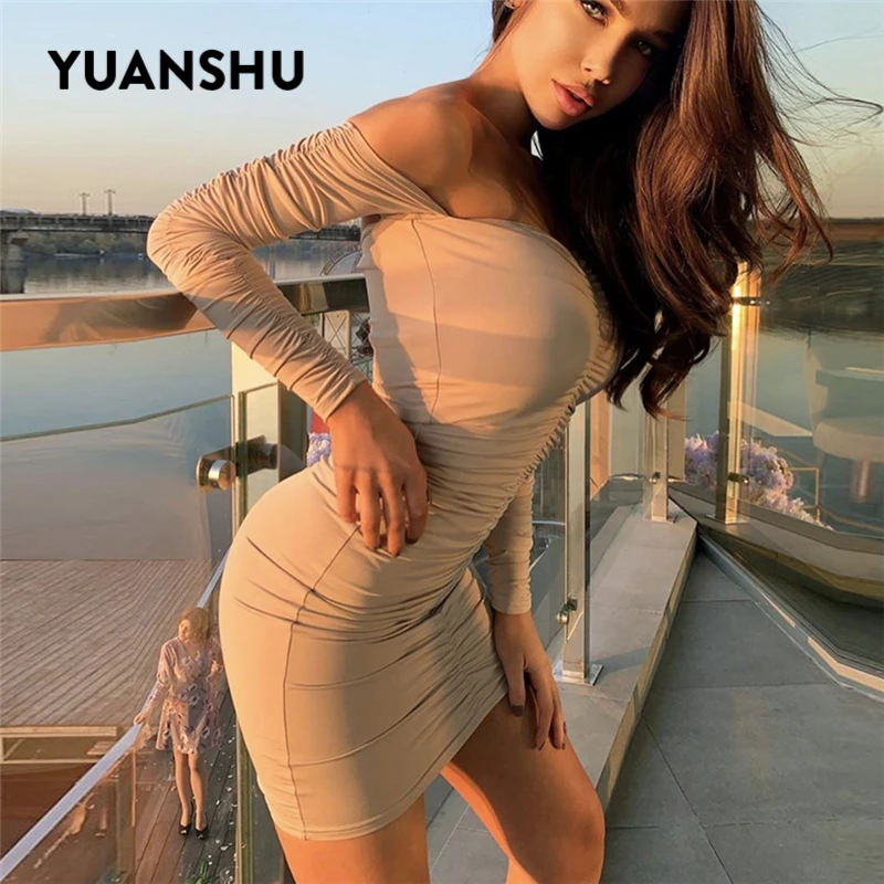 

YUANSHU Women Sexy Bandage Ruched Mini Dress Spring Autumn Off Shoulder Backless Long Sleeve Female Elastic Bodycon Party Dress