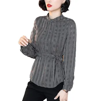 

Women's Spring High Fashion Stand Collar Long Sleeve Plaid Printed Slim With Sashes T Shirt Tops Female Elegant Oversize Shirt