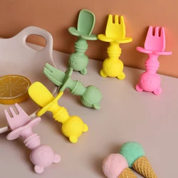 Ensemble de cuillères à manche court en Silicone pour bébé, 2 pièces, fourchette d'apprentissage 
