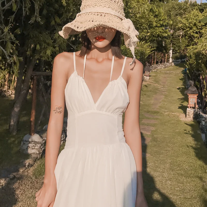 

Sexy ruffled apricot dress long boho dress spaghetti strap off shoulder bohemian dress women Korean 2021 summer vintage dress