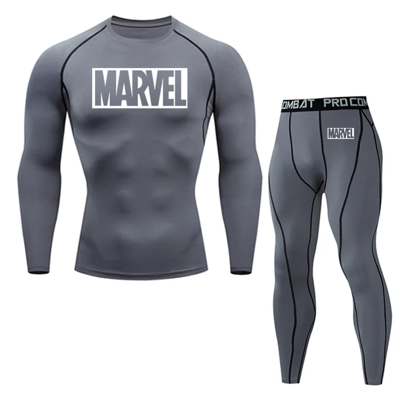 set 2 шт. спортивный костюм для мужчин сжатия ММА футболка с длинным рукавом Рашгард комплект мода толстовка+ леггинсы фитнес термобелье - Цвет: set