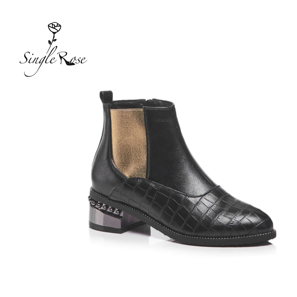 Tanie Pojedyncza róża zimowe buty damskie do kostki gumką okrągłe Toe buty na kwadratowym obcasie sztukateria Chelsea wysokie obcasy buty z mikrofibry XZ31