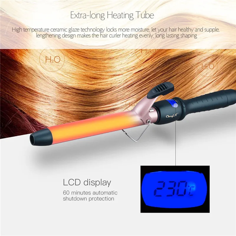 Modelador de Cabelo Rolo de Aquecimento Ckeyin Profissional Cerâmica Lcd Curling Wand Aquecimento Rápido Profunda Waver Controle Temperatura 25 - 32 38mm 3 modelador de cabelo rolo de aquecimento curling