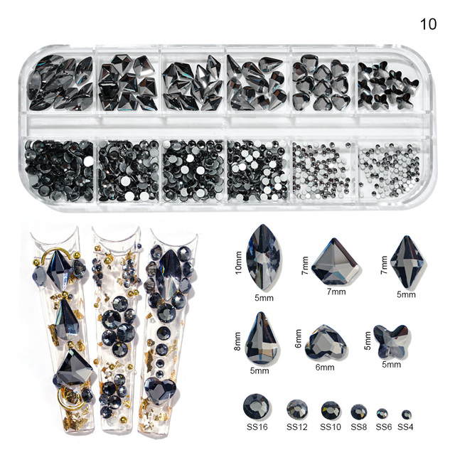 Rhinestones Nail Art Decoration 3D Multi Size AB Flatback Crystal Gems Glitter Nail Art Luxurious Decorations 12 Girds