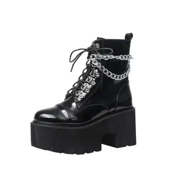 

Winter Patent Leather Thick-soled Round Toe Chain Zipper platforms boots punk gothic Wedge Heel Ankle Boots Women Knight Boots
