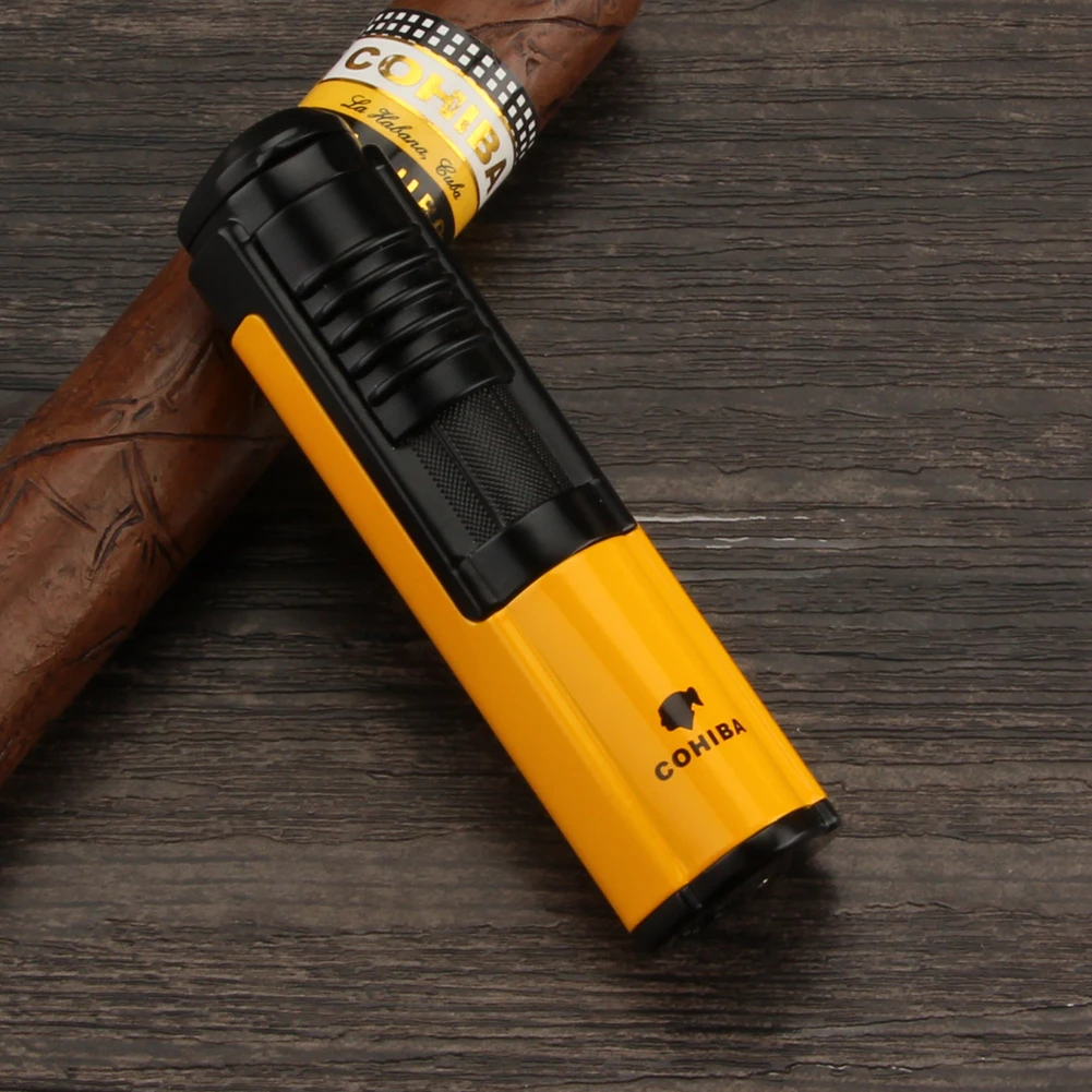 COHIBA карманные зажигалки Бутановая газовая зажигалка для Сигар Зажигалка металлическая мини ветрозащитная сигарета турбо Зажигалка курительная горелка W/Подарочная коробка - Цвет: Золотой