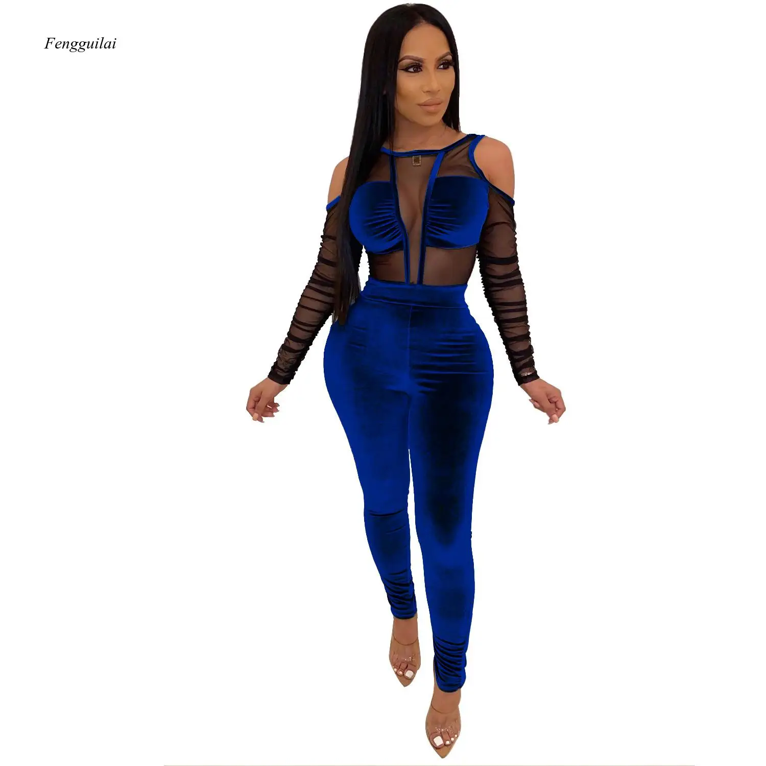 

Women Velvet Mesh Patchwork Jumpsuit Sexy Long Sleeve Elegant Rompers Autumn Winter See Through Long Overalls Plus Size