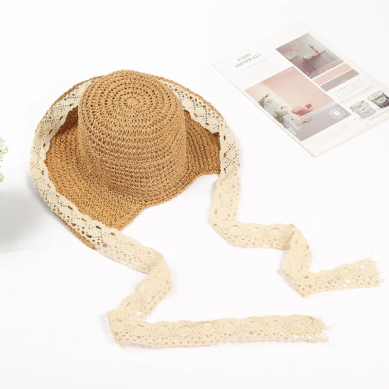 Female Korean fashionable foldable fisherman hat with fresh lace straw hat in summer sunscreen hat for beach vacation