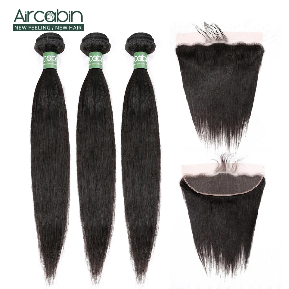 Aircabin перуанские прямые волосы пучки с фронтальной человеческие волосы пучки и кружева закрытие remy волосы для наращивания