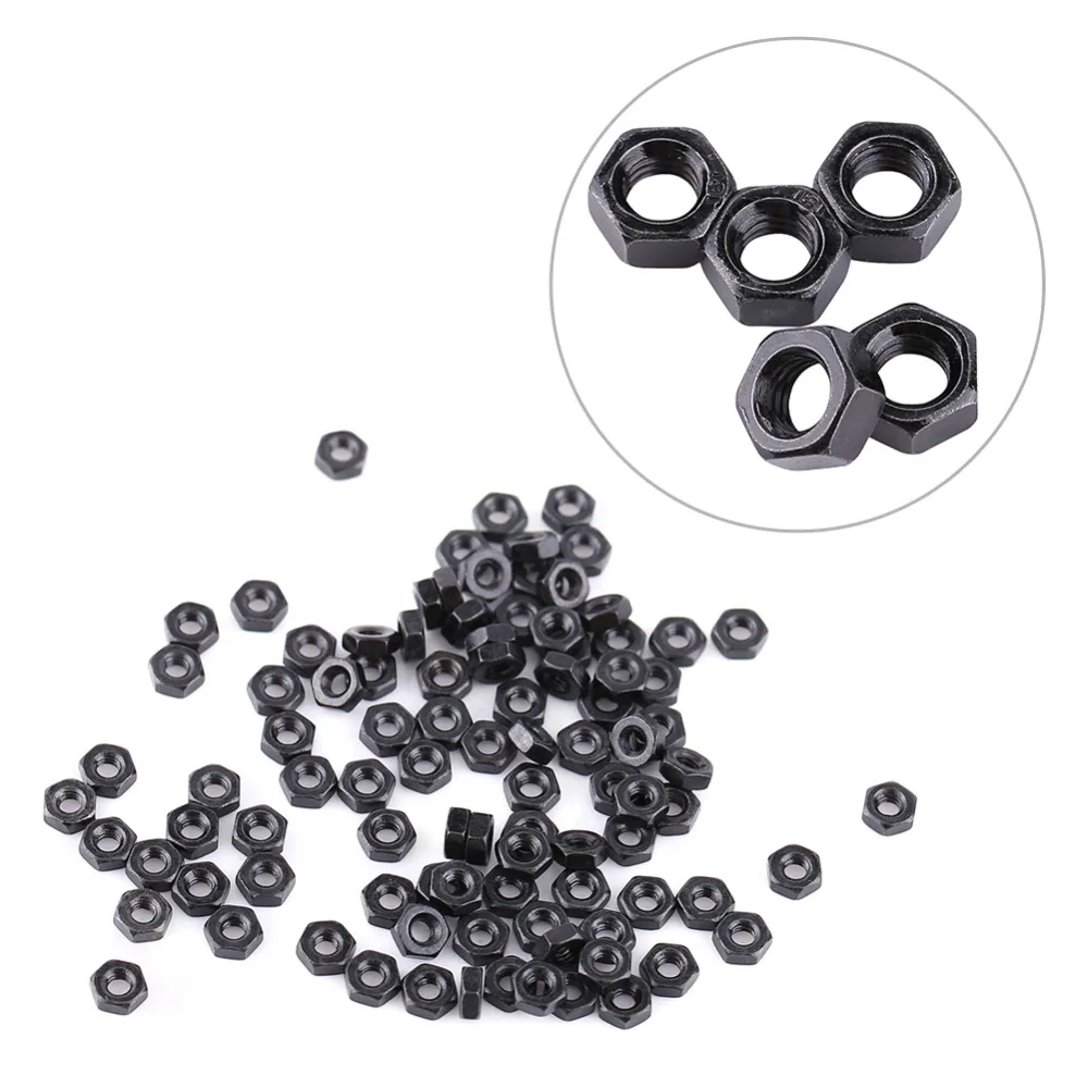 100pcs/pack Hex Nuts Black Zinc Plated Carbon Steel Nut Metric Thread Hex Nuts M2-M5