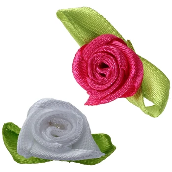 

200 Pcs Mini Satin Ribbon Rose Flower Leaf Wedding Decor Appliques Sewing, 100 Pcs White & 100Pcs Rose Red