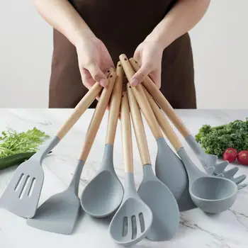 

12/13 Silicone Cooking Utensils Wooden Handle Kitchen Set Cooking Tools Sets Accessories with Stainless Steel Storage Box