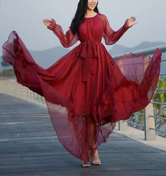 Female Clothing Elegant Flowy Chiffon High Quality Loose Belt Maxi Boho Dress New Beach Party/ናይ ኣዋልድ ነዊሕ ክዳን ዓይነት ሽፎን - Image 4