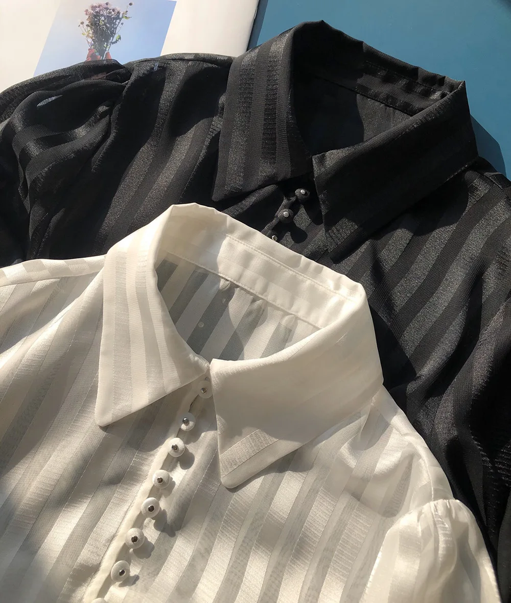 Women White/Black Contrast Stripe Multi Buttoned Micro-transparent  Blouse Shirt - Ladies Long Sleeve Lapel Top 4