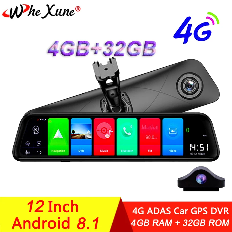 Автомобильный видеорегистратор WHEXUNE 4 Гб + 32 ГБ 12 дюймов 4G Android 8 1 GPS Wi Fi Full HD зеркало