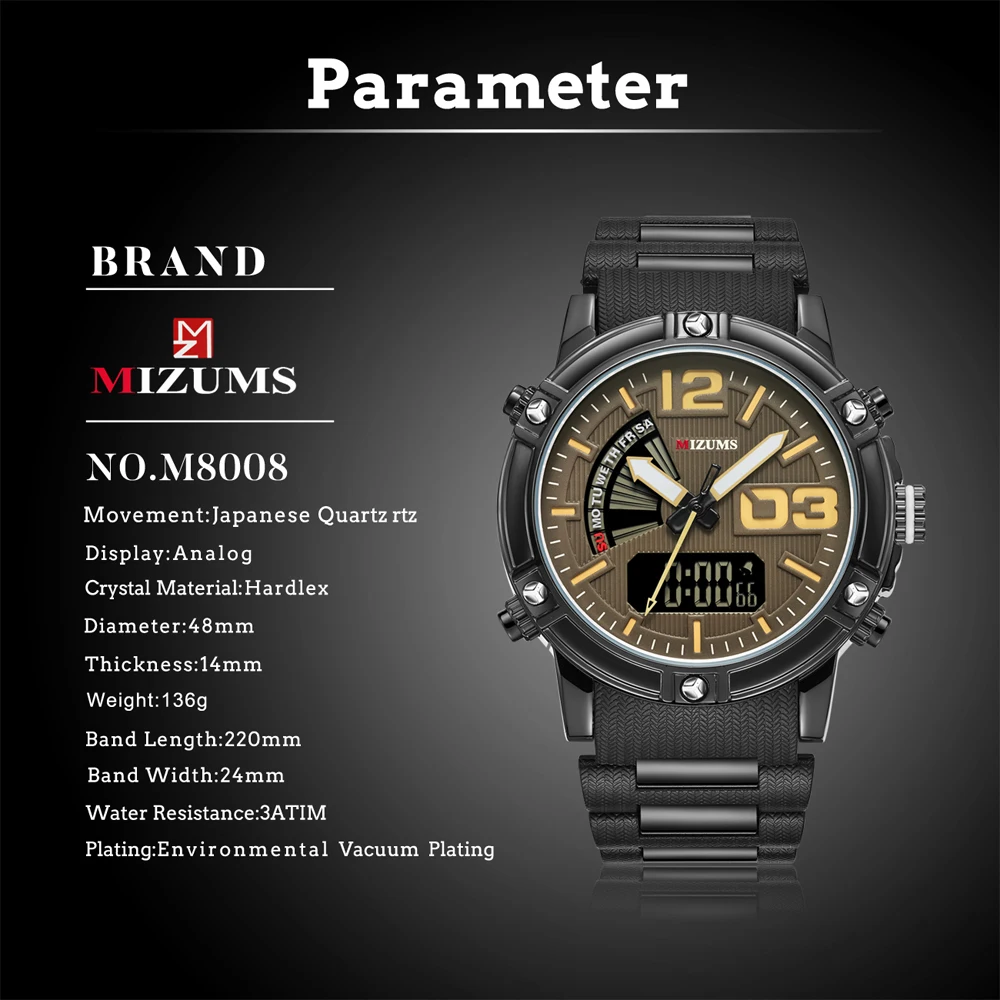 MIZUMS Quartz Analog Digital Sport Watch Men Waterproof Week Display Military Wrist Watches for Man Relogio Masculino Male Clock 1