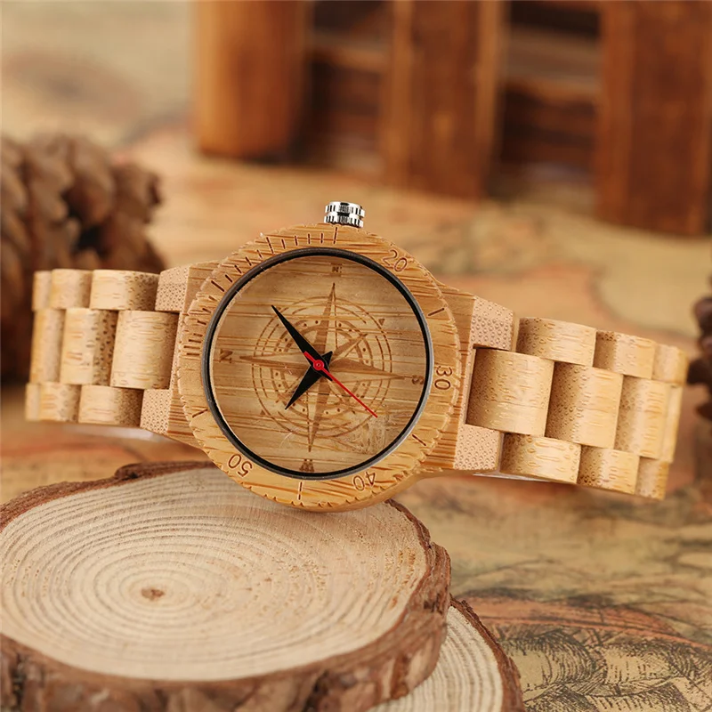 Vintage Wooden Clock Compass Skull Dial Lady Wrist Watches Quartz Analog Movement Clock Fashion Wood Bangle Full Bamboo Strap