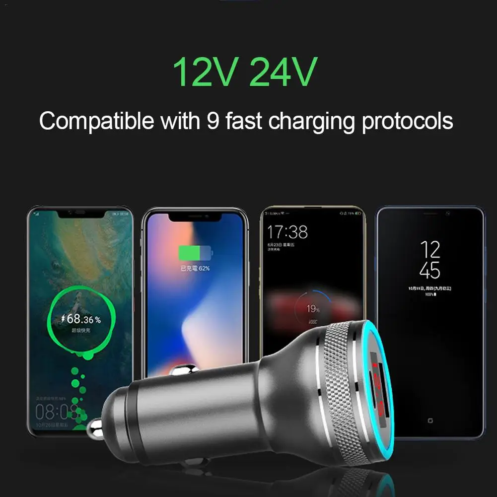 3 А Быстрая зарядка QC3.0+ PD металлическое автомобильное зарядное устройство Быстрая зарядка с цифровым дисплеем двойное USB Автомобильное зарядное устройство для iphone 12 в 24 В