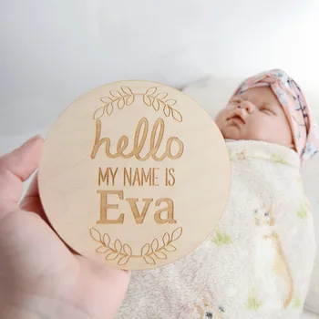 

Wood Birth Announcement plaque, custom Hello my name is round Nursery Name Sign, Baby Milestone Cards, baby Keepsake, photo prop