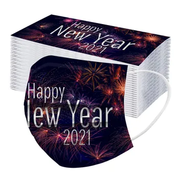 

50pcs 2021 Happy New Years Mask Adult 3 Ply Disposable Masks Non-woven Breathable Facemasks Skin-friendly Ear Hook Mascarillad