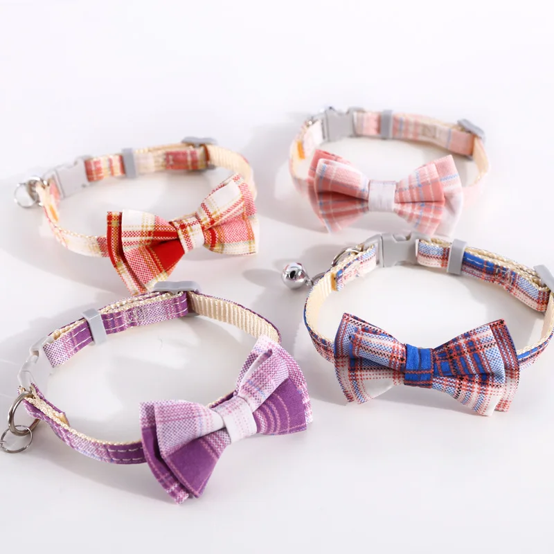 Cute Plaid Bow Cat Collar with Bell Cotton Bowknot Kitten Necklace Safety Buckle Adjustable Neck Tie For Dogs Cat Accessories