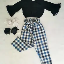 Комплекты одежды для маленьких девочек, топы с длинными рукавами с бахромой и оборками, футболка, комплекты с синими штанами в клетку