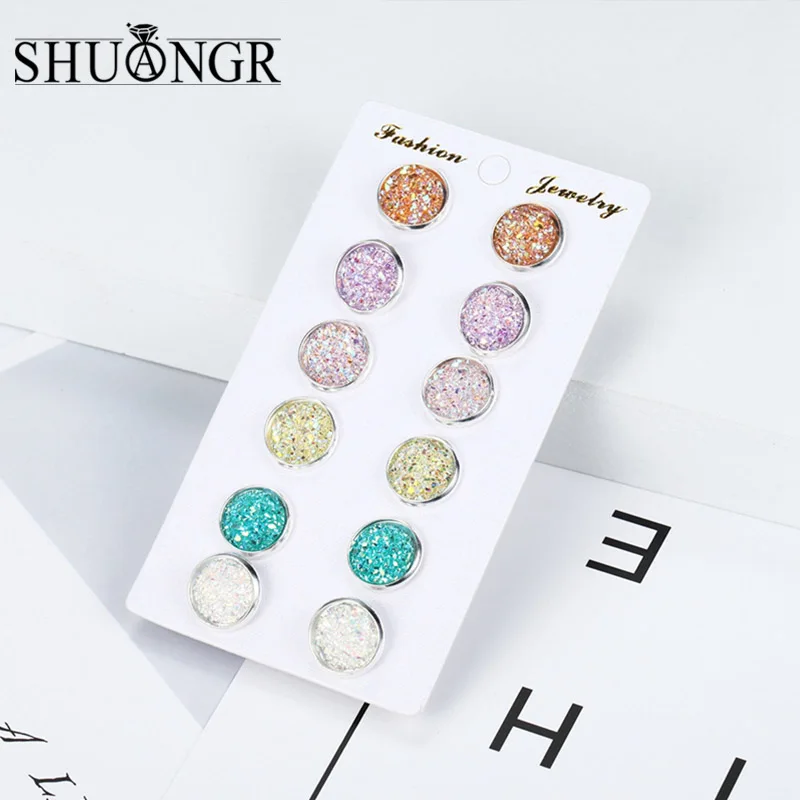 

SHUANGR 6 Pairs/ Set Bling Earring Sets Mixed Color Cute Round Stud Earrings For Women Fashion Jewelry Birthday Gift Wholesale