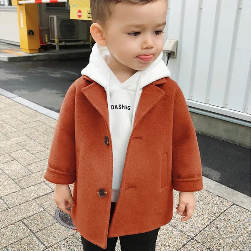 Новые зимние куртки Однотонное шерстяное двубортное шерстяное пальто для мальчиков модная детская верхняя одежда с отворотом, пальто для мальчиков, ветровка для детей возрастом от 1 года до 5 лет - Цвет: Caramel B