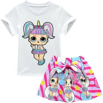 

2020 fashion new children's suit skirt 3-8 years old children's short-sleeved pleated skirt cartoon three-piece suit