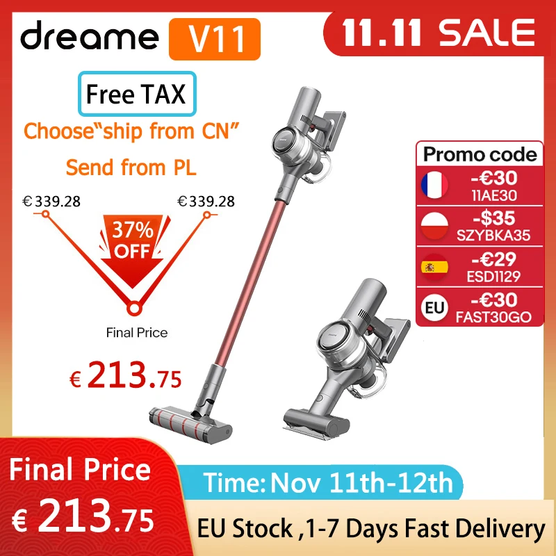 Original Dreame V11 Vacuum Cleaner Cordless Dust Collector One Button Turn ON OFF 25KPa Suction