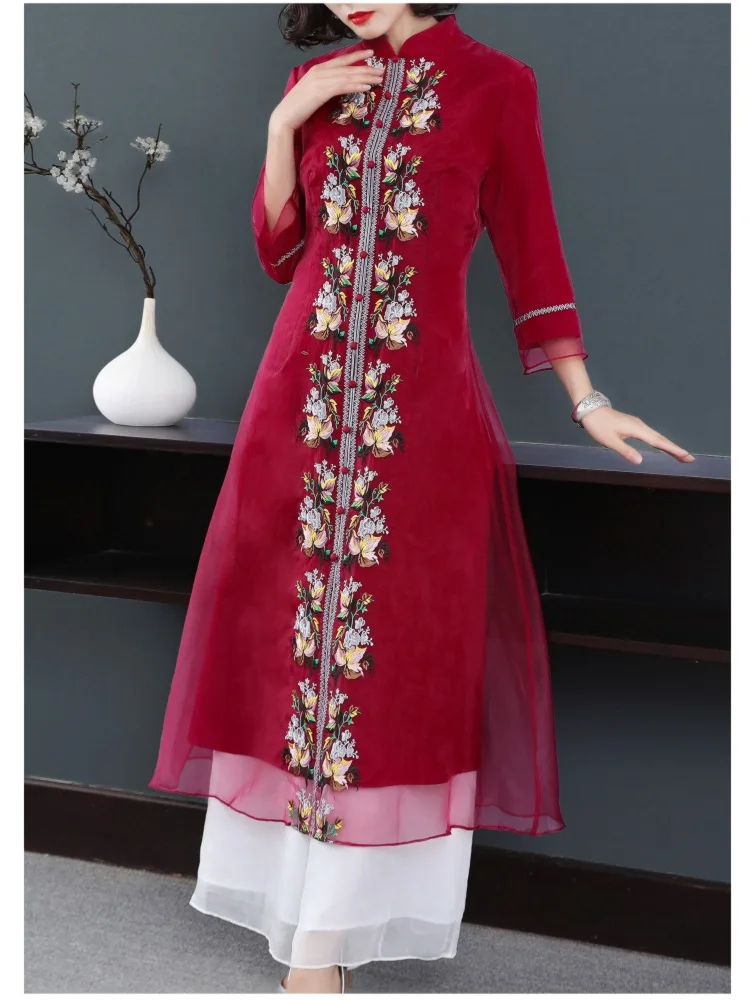 

Free shipping new spring high end embroidered long section improved organza cheongsam style windbreak outerwear for women