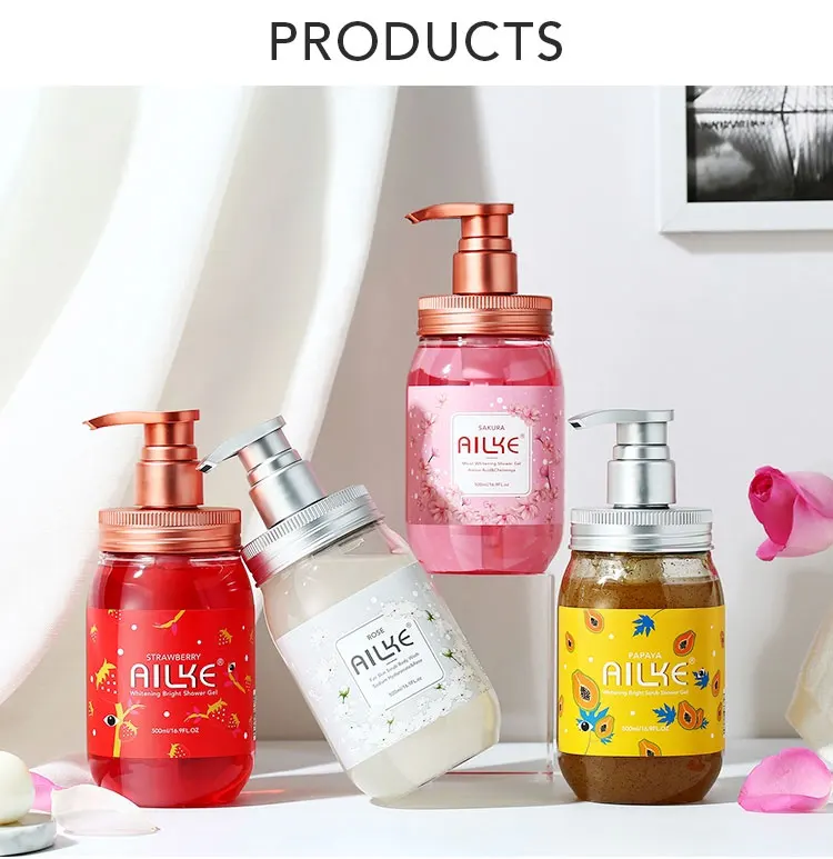 Hc716e708678a4505a581873ed6c6f59fJ Whole Sale AILKE Brand Private label SPA works perfumed Rose scrub Sakura shower gel body wash for women Bath And Whitening