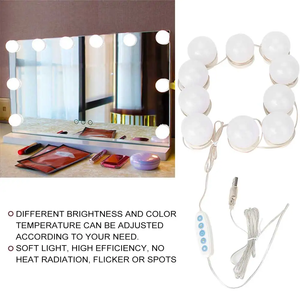 USB Vanity Lights LED Makeup Mirror Light Bulb Hollywood Vanity Lights Stepless Dimmable Wall Lamp Kit for Dressing Table Makeup