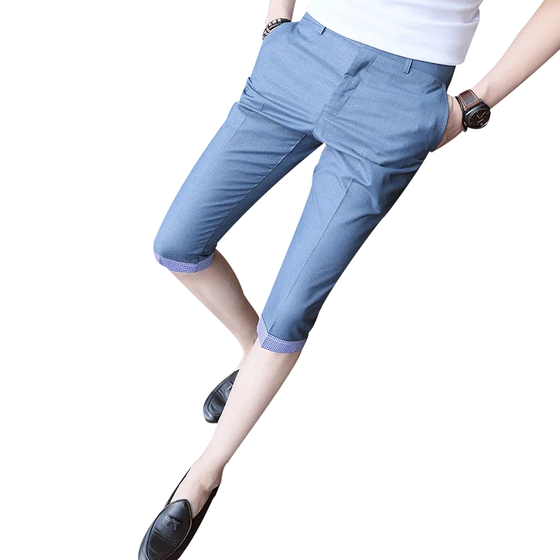 

Cropped trousers men's summer new solid color trousers seven points pants men's hair stylist business casual slim trousers