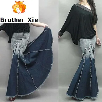 

Fashion Maxi Long Denim Skirt Women High Waist Gradient Tassel Jeans Skirts Ladies Package Hip Trumpet Mermaid Fishtail Skirts