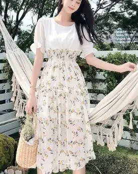 Платье oln Корея vestidos лето новая торговля, круглый вырез поддельные из двух частей шифоновый эластичный пояс Тонкий цветочный платье - Цвет: yellow flower
