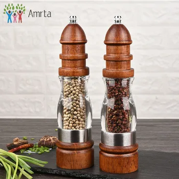 

New Deluxe Salt and Pepper Grinder Set Wood Pepper Mills Shakers with Acrylic Visible Window Ceramic Grinding Core